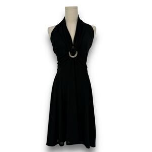 1990s Vintage Tadashi Halter Cocktail Dress, Rhinestone Black Stretch Jersey S
